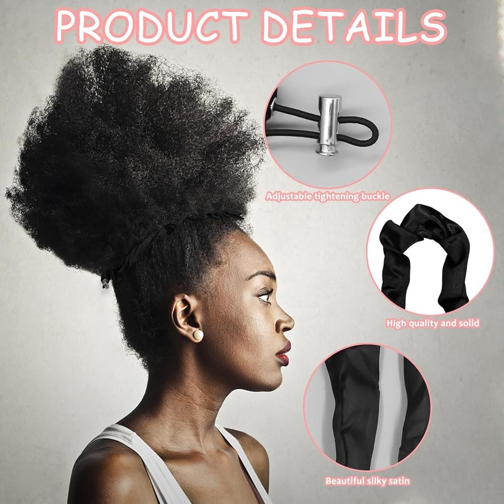 A95D-Scrunchies Adjustable Slip Black Satin Hair Ties For Thick Curly Natural Hair & Long Afro Ponytail Styles