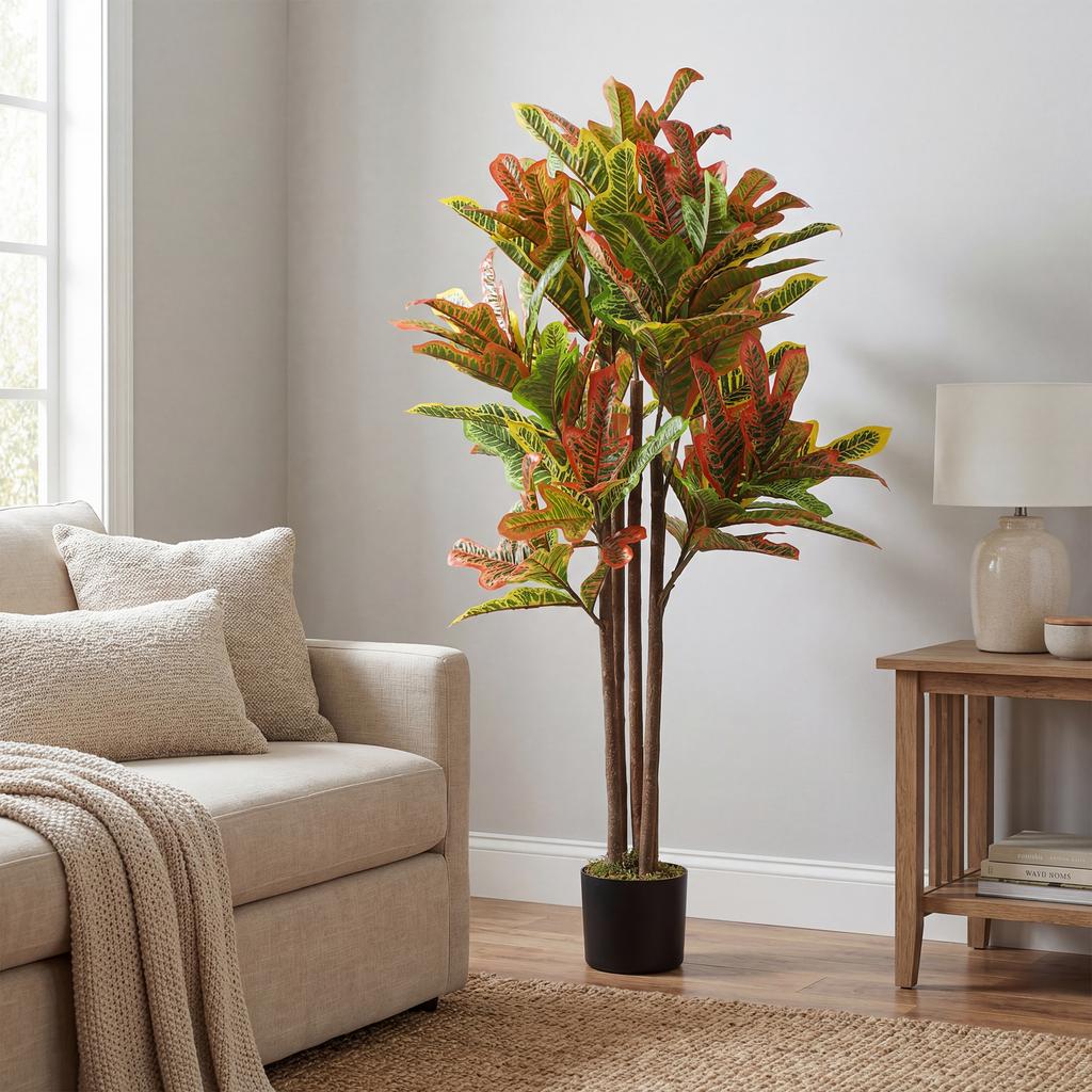 Artificial Croton 120 cm Decorative Artificial Plant with Pot and Leaves for Interior Decoration Multicolor