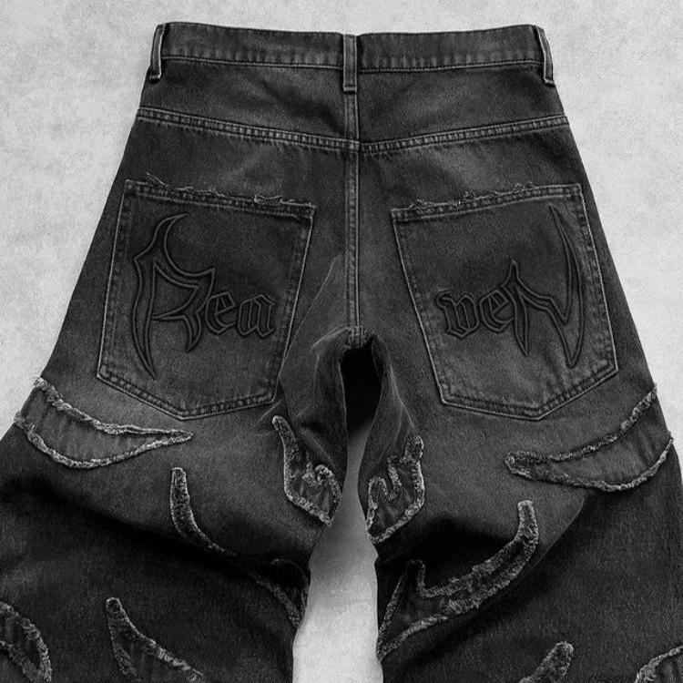 Y2k Hip Hop Bol Erkek Kot Pantolon Eskitilmiş Retro Siyah Pantolon Nakışlı Harajuku Gotik Geniş Paça Pantolon Sokak Giyimi Pantolon