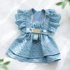 New Denim Dog Dresses Blue Color Flying Sleeves Puppy Girl Clothes with Leash Ring Cute Small Dog Apparel for Chihuahua