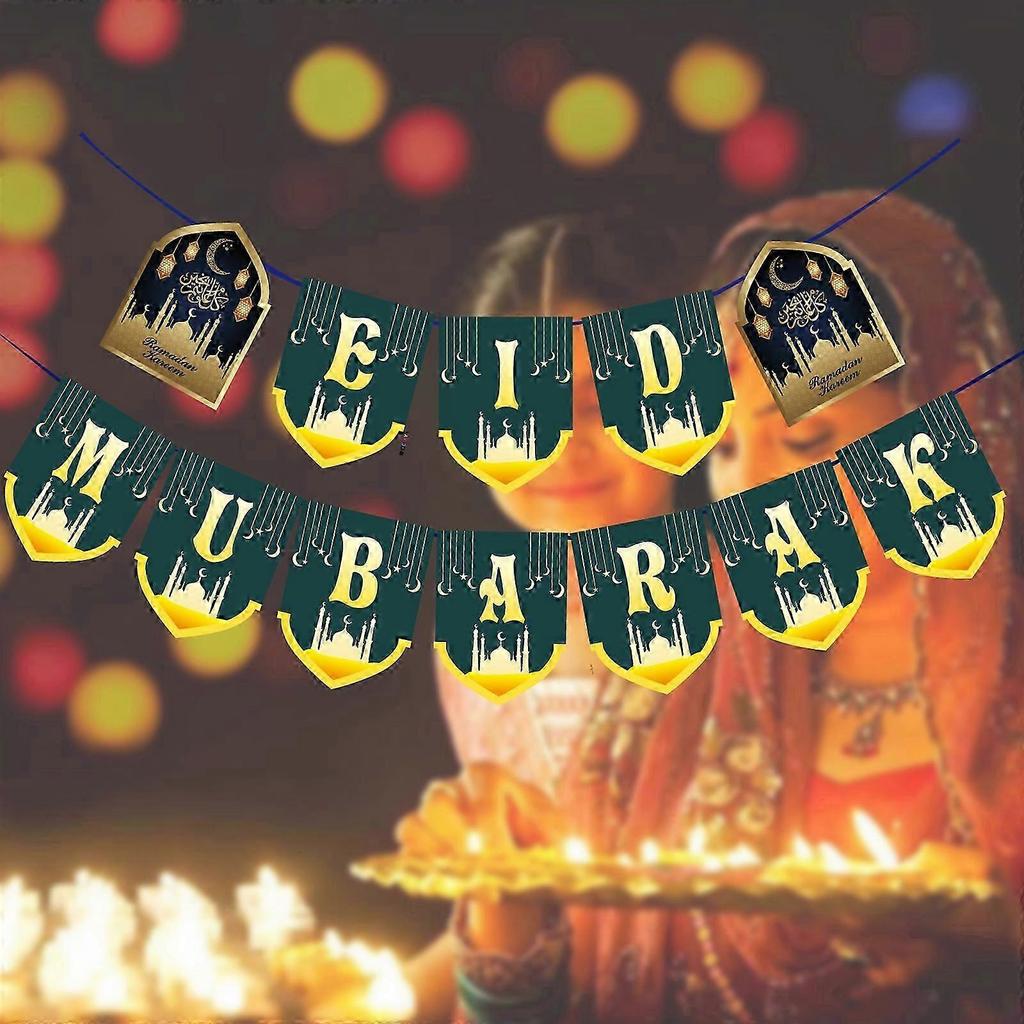 Eid Mubarak for Banner Moon Star Castle Pull Flag 5m Bunting Garland Ornament for Ramadan Party Wall Door Fireplace Deco