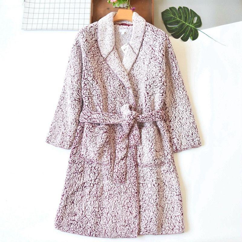 

Export New Arrival Women s Comfortable Cotton Fleece Lapel Long Sleeve Nightgown Autumn and Winter Lightweight Thermal Bathrobe Homewear Pink purple M/L