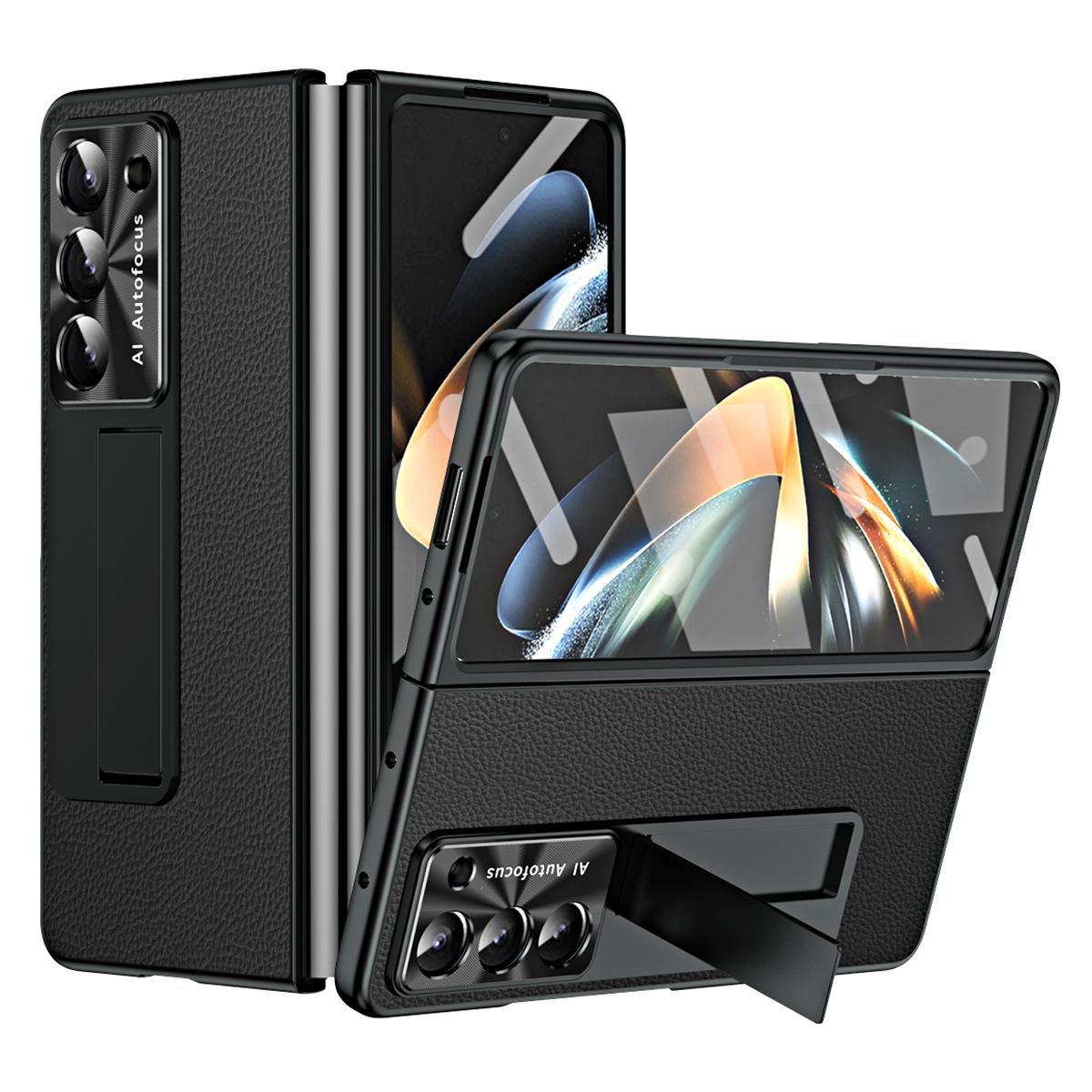 

For Samsung Galaxy Z Fold5 5G Litchi Texture Leather PC Case Shockproof Kickstand Phone Cover Black