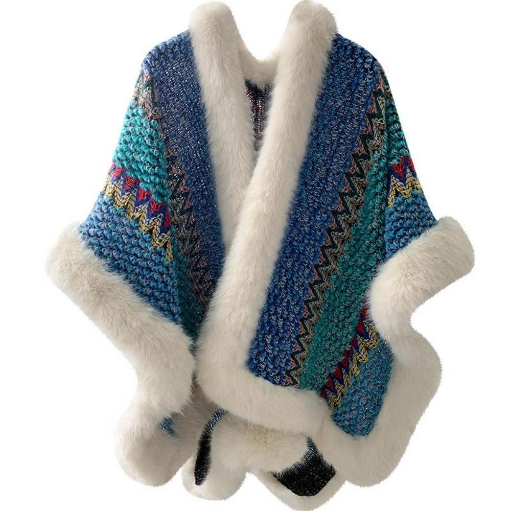 Schal im ethnischen Stil mit großem Pelzkragen und Reisekleidung für Damen im Herbst und Winter, warme Strickjacke, Cape-Schal, Flut