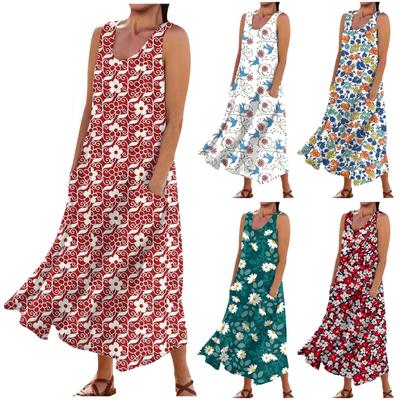 Lässiges, bequemes, ärmelloses Baumwolltaschenkleid mit Blumendruck für Damen