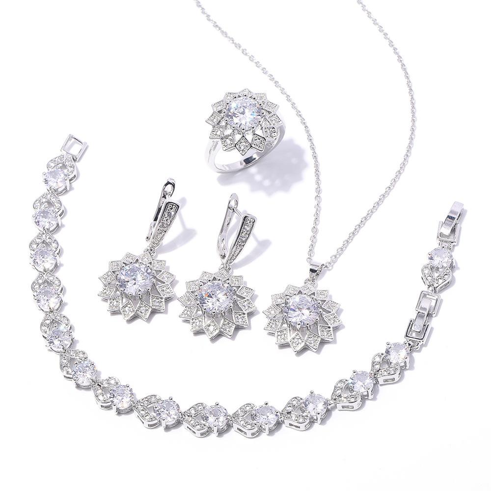 Round Zircon Necklace Earrings Ring Bracelet Set, Copper Set Zircon Platinum Plated Jewelry, Multicolor