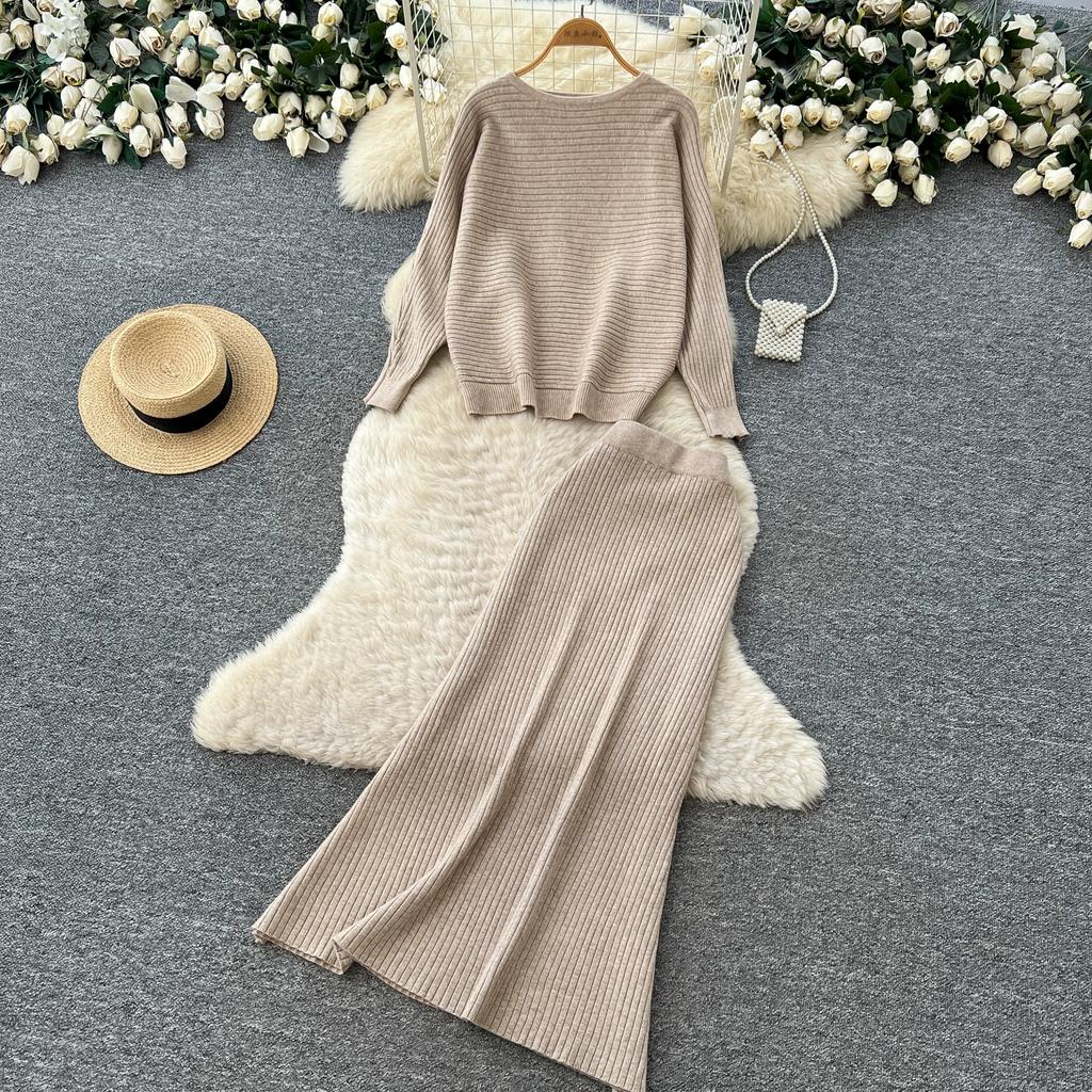 Korean Fashionable Sweater Two Piece Set Woemn's Batwing Sleeve Pullover Jumper Knit Top and High Waist Midi Skirt Sets Casual Knitted 2 Piece Sets