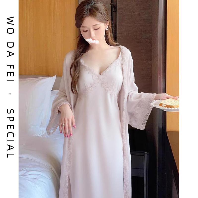 [Strict Selection] Deep V-neck sexy ice silk pajamas summer pure desire temperament morning robe with chest pad lace hanging skirt
