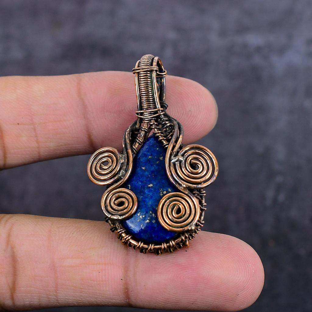 Přírodní Lapis Lazuli Drahokam Měděný Drát Ovinutý Šperk Přívěsek 1.85" p2E01