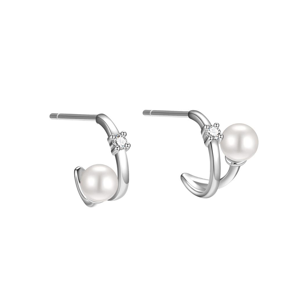 925 Sterling Silver Geometric Line Shell Pearl Earrings for Women Simple C-shaped Arc Zircon Temperament Earrings