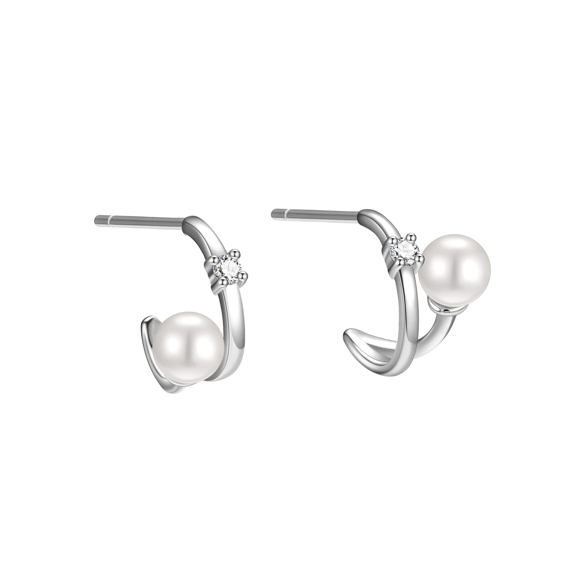 925 Sterling Silver Geometric Line Shell Pearl Earrings for Women Simple C-shaped Arc Zircon Temperament Earrings серебряный