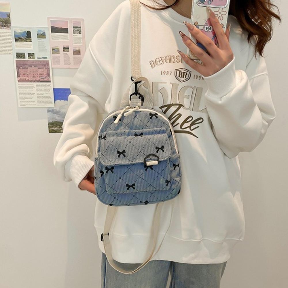New Mini Backpack Corduroy Bowknot Printed Storage Bag Korean Version Sweet Rucksack Girls