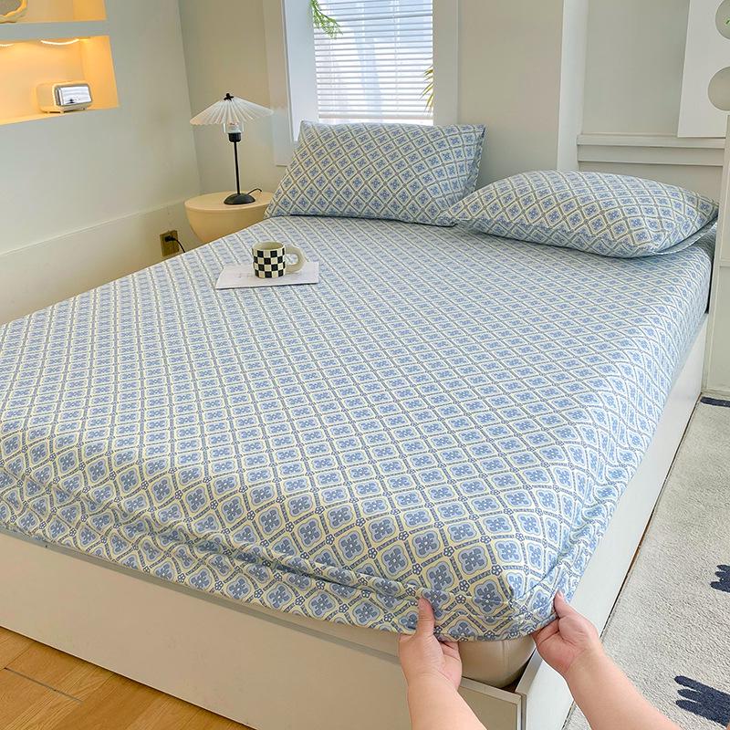 Printed Coarse Cloth Non-Slip Single Bed Sheet Set with Mattress Protector