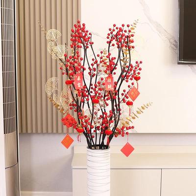 Handmade Fortune Red Fruit & Flower Arrangement for Living Room: New Year Artificial Decoration