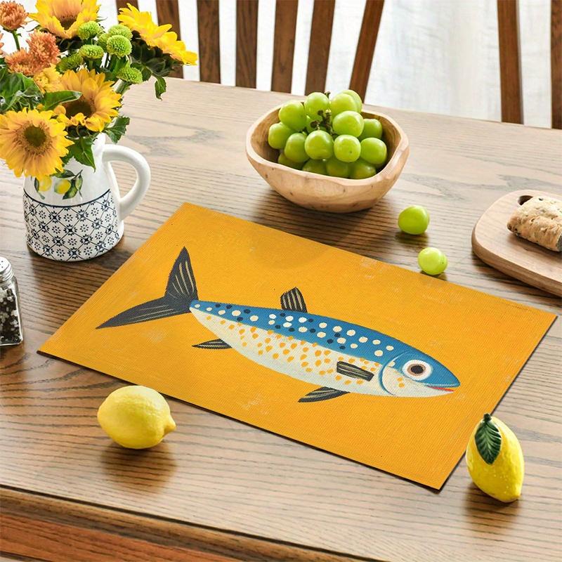 4pcs Cute Fish Print Placemats- Vibrant Orange and White Polka Dot Design, Durable Polyester Rectangular Washable Placemats, Suitable for Holiday