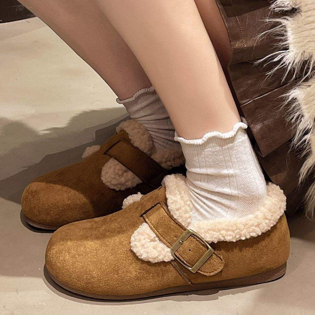 Autumn four-season Doudou shoes women's velvet loafers wear flat-soled retro soft-soled Birkenstock big head and cotton shoes