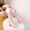 Japanese lolita cute soft girl sweet round head lace-up tall hairball warm cos princess  long boots