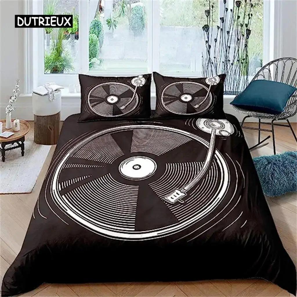 

Music Bedding Set Vintage Blues Comforter Cover Old School Guitar Records Duvet Cover With 2 Pillowcases Queen Size Room Decor 70x133cm 2pcs