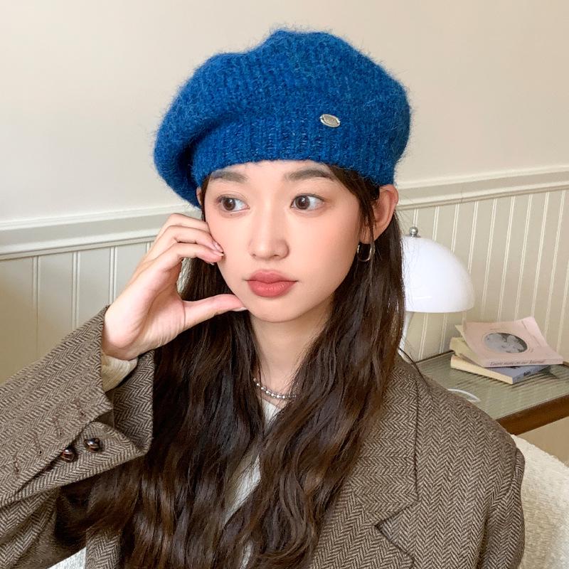 Women's Korean Style Woolen Beret: Versatile, Solid Color, Knitted, Warm, Windproof, with Metal Label for Autumn and Winter