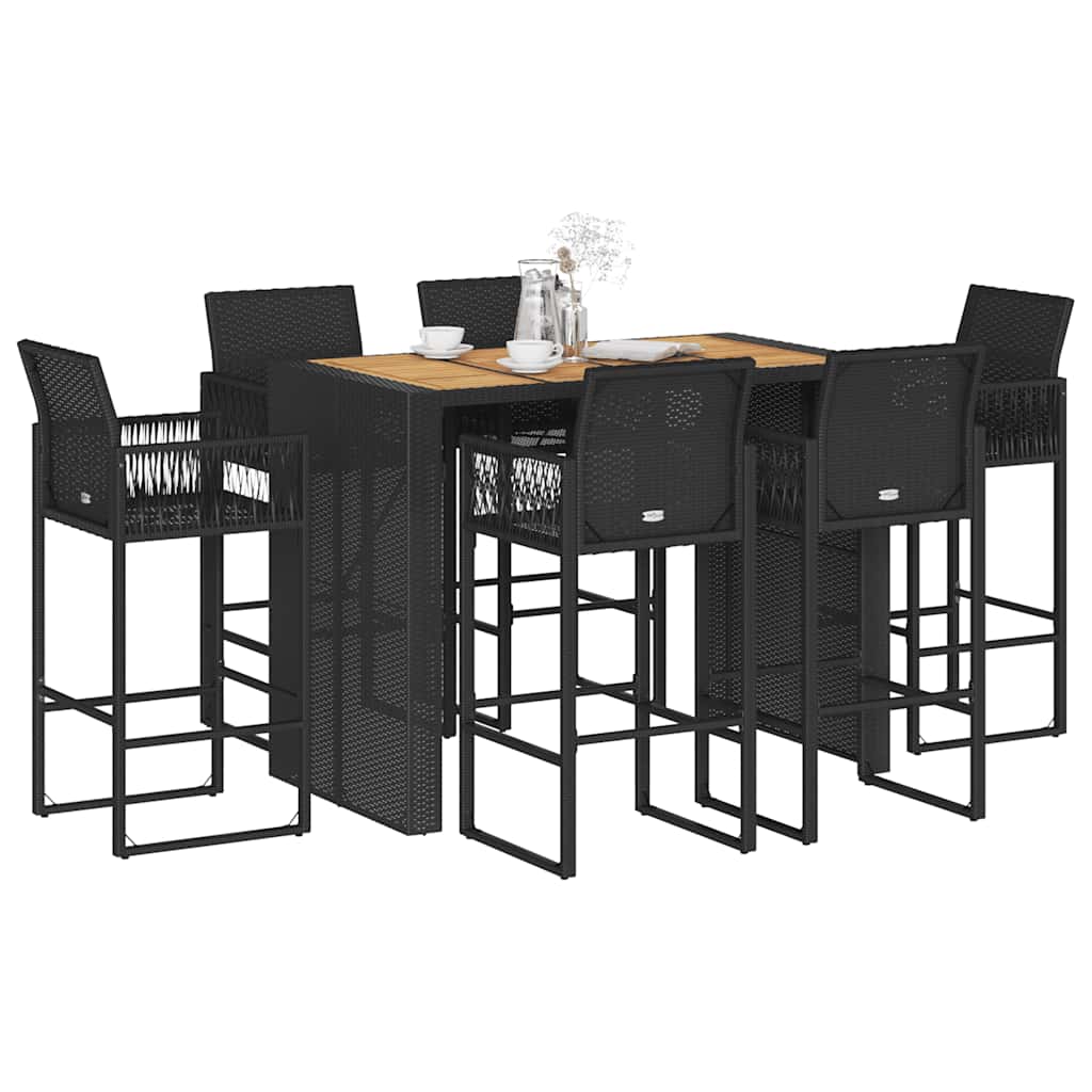 7 Piece Outdoor Bar Set Without Cushions Black Poly Rattan Acacia