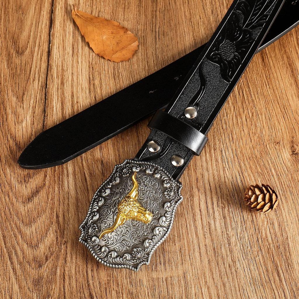 New Men's Western Cowboy Belts Cool Handsome Black PU BELT Material Embossed Design and Stylish Alloy Buckle Men Belt