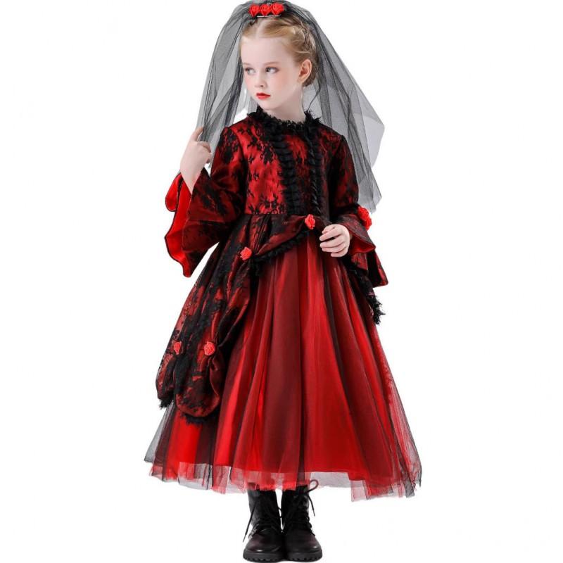 Halloween Vampire Witch Red Bride Princess Dress With Veil Kids Girls Party Costumes