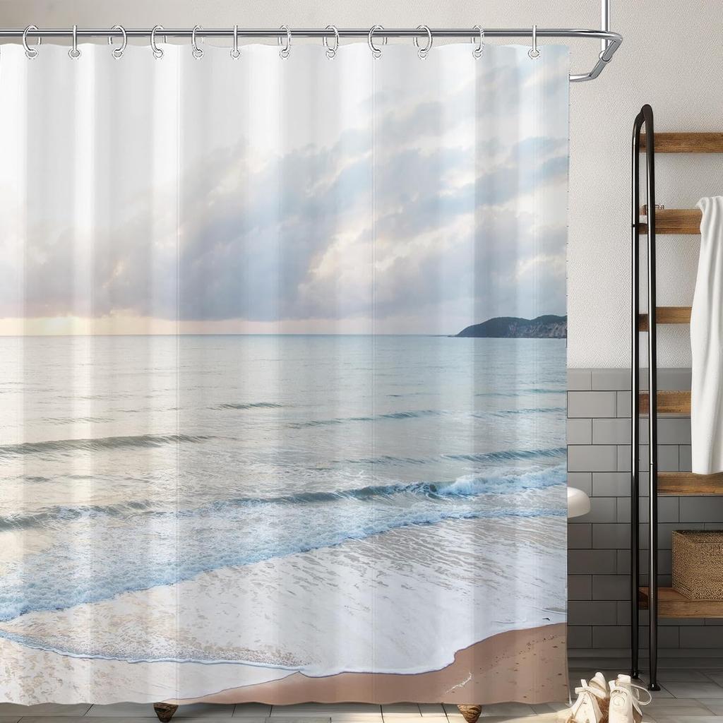 Beach Sunset Shower Curtain Ocean Waves And Sand Tropical Coast View Serene Bathroom Art Water Resistant Fabric Coastal Theme