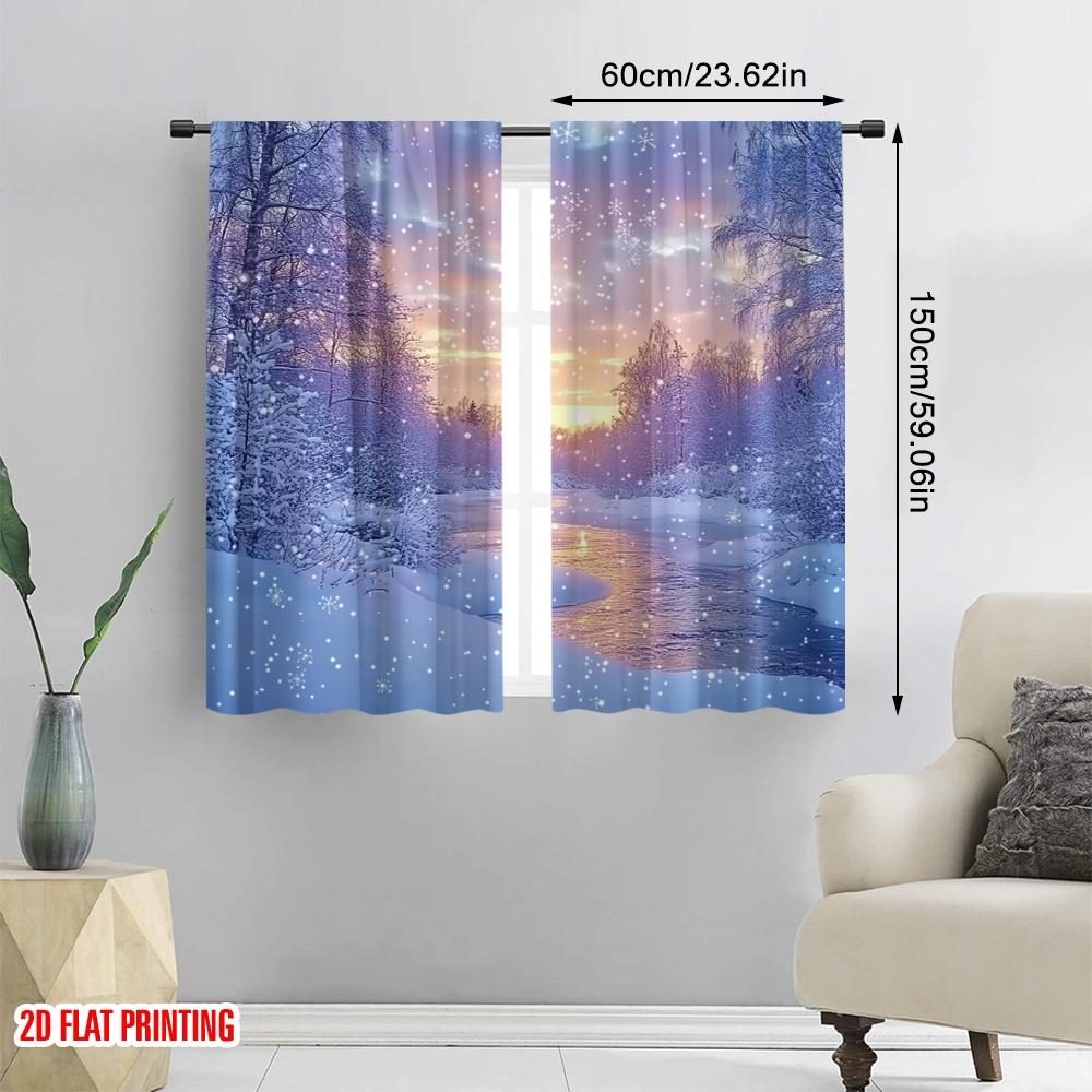 2pcs 2D flat printing Merry Christmas Popular Curtain Snow Forest Christmas Polyester Without Electricity Festive Holiday Use