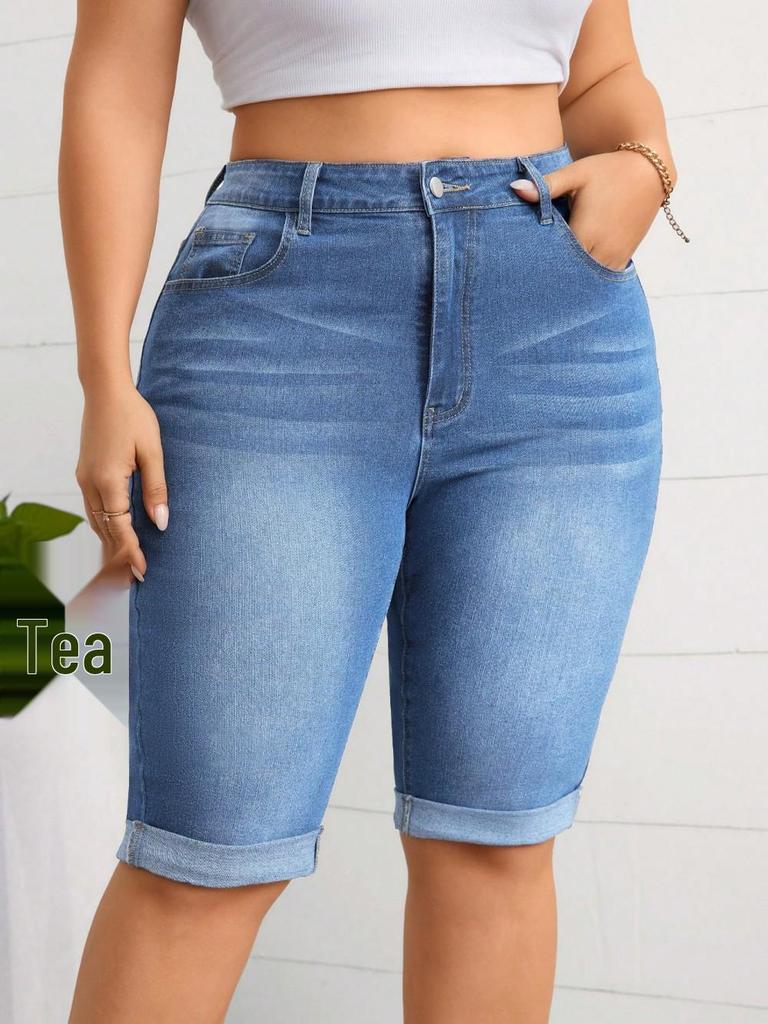 2026 Evropské Strečové Džínové Bermuda Šortky ve Velikostech Plus Size, Prané Modré, Středně Vysoký Pas, Smanšující Design Capri s Ohrnutými Nogami