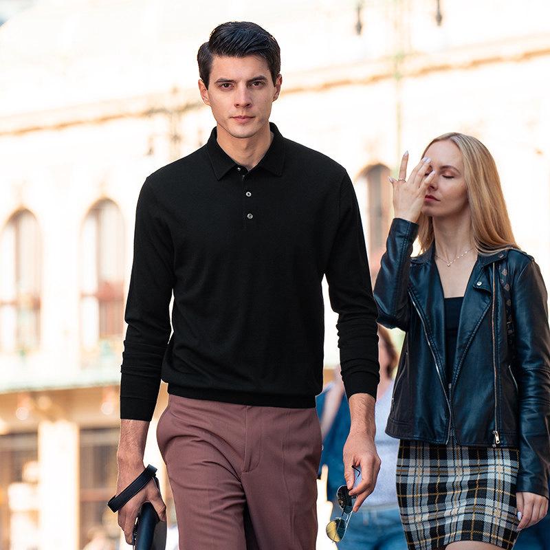 Wang Qiu Men's Polo Collar Wool Sweater - Plain, Warm, Machine Washable, Long Sleeve (X5878) for Autumn and Winter