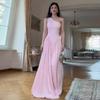 Elegant Pink Sleeveless Asymmetrical Neckline Midi Dress 2026 Womens Slim Fit Chic Formal Occasion