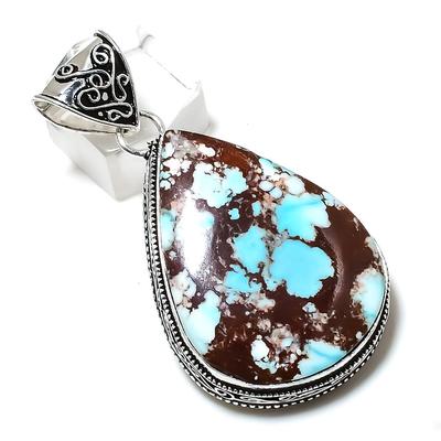 Natural Tibetan Turquoise Gemstone 925 Sterling Silver Pendant 2.29" K0F87