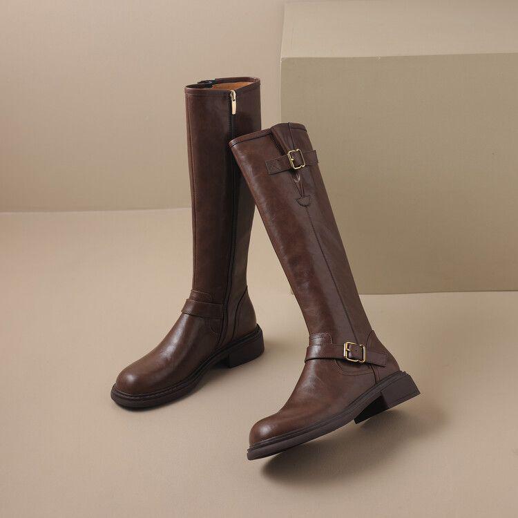 

Women s Retro Leather Chunky Heel Knee-High Boots, 2024 Autumn/Winter Slimming Petite Knight Style. 40