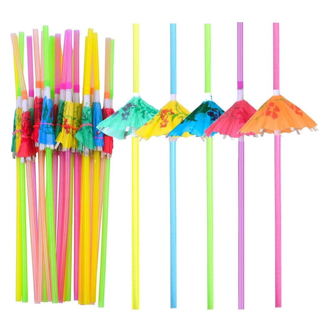 50 Fluorescent Umbrella Straws for Hawaiian-Themed Party Decoration and Craft