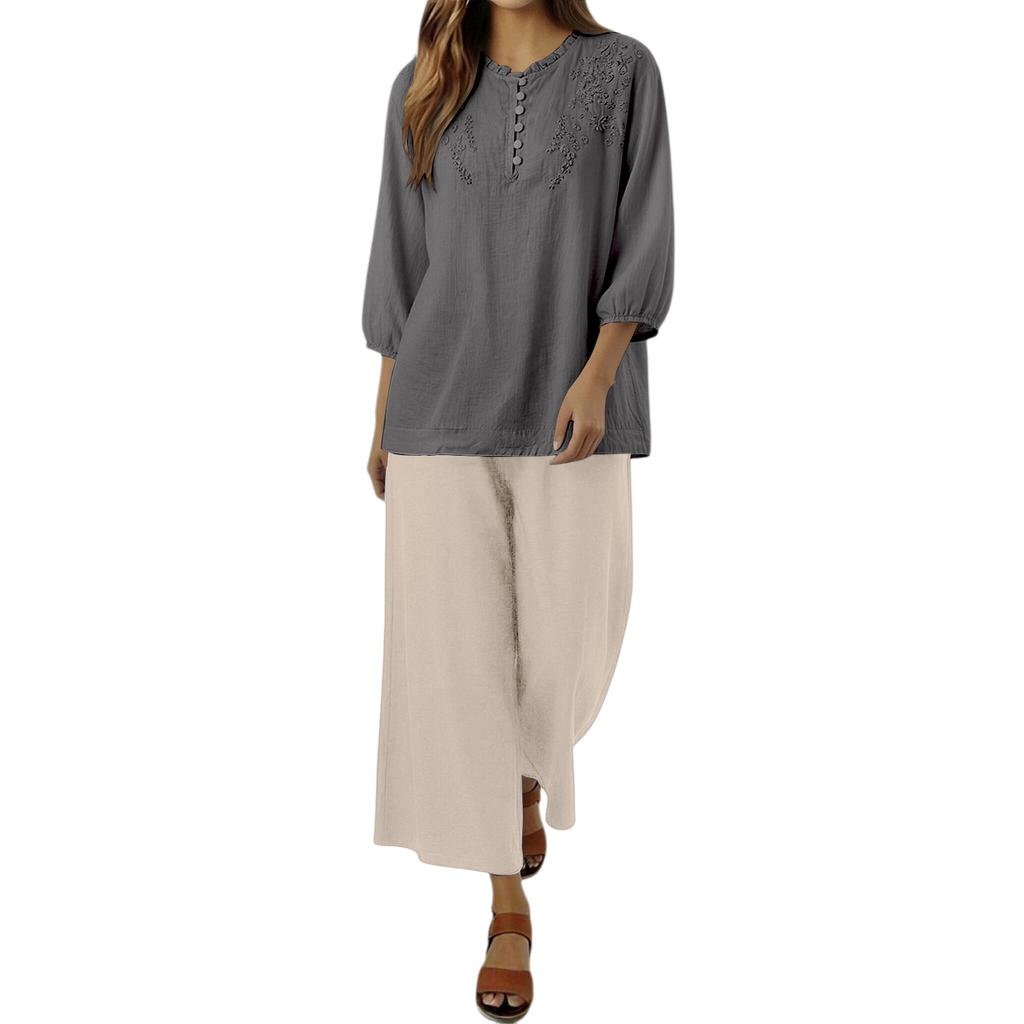 Women Embroidered Lace Loose Fit Three Quarter Sleeve Top and Wide Leg Pants Two Piece Set Casual Outfit Suit
