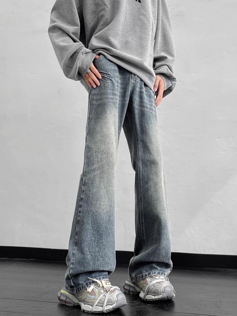 Men's Vintage Washed Wide-Leg Ripped Jeans – Straight-Leg, High-Street Style, Micro-Flare Streetwear Pants