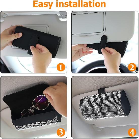 Bling Car Sunglass Holder For Sun Visor, Sparkling Crystal Leather Automotive Eyeglasses Mount Clip Organizer With Hidden Magnetic Closure For Men