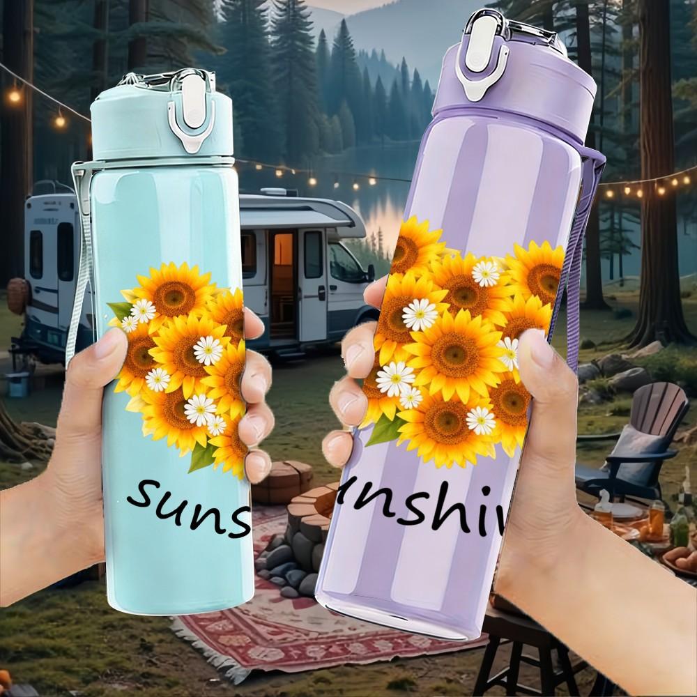 1PC Sunflower Sunshine Heart Art 750ml Color Plastic Sports Water Bottle Leakproof Flip Straw Lid Suitable for Sports Office Home Use