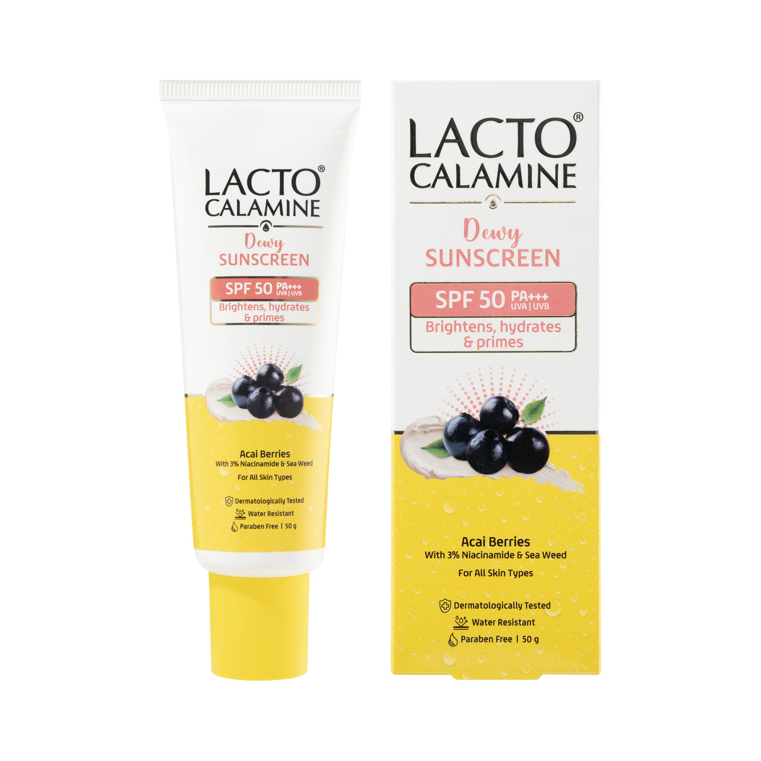 

Lacto Calamine Dewy Sunscreen SPF 50 PA+++ | 50g | Water Resistant, No White Cast, UVA & UVB Protection | Sunscreen SPF50 + Primer | Acai Berries
