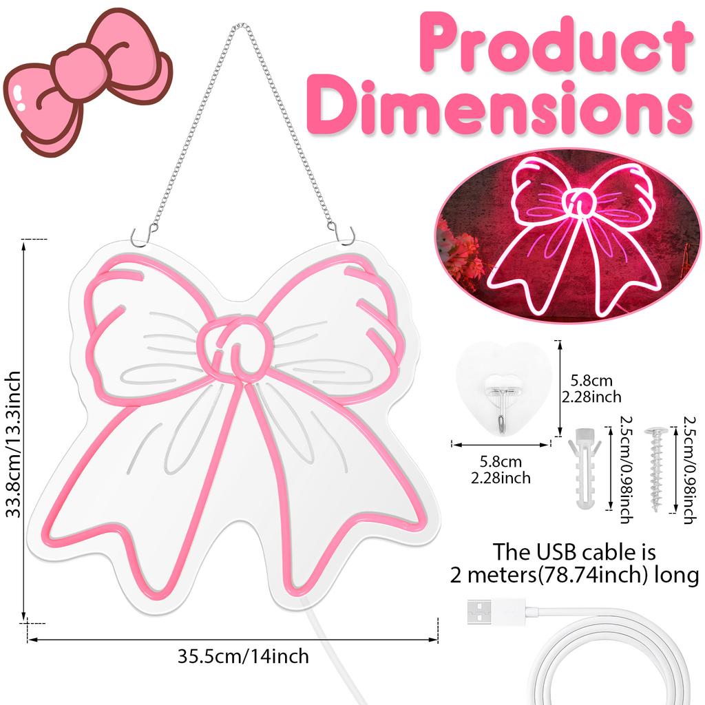 Bow Neon Sign Decor Light Board Wall Hanging Light Advertisement with Dimmable Switch Neon Light Sign for Girl Room OR Store