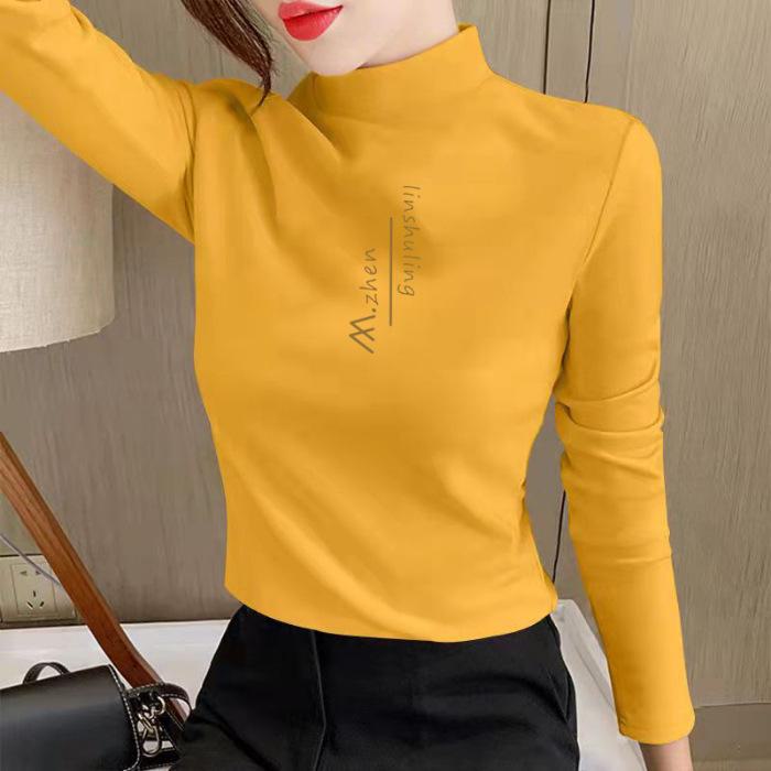 Women's Double-Sided Velvet Brushed Half-High Collar Warm Long-Sleeve Shirt - Autumn/Winter 2023 Style, Solid Color