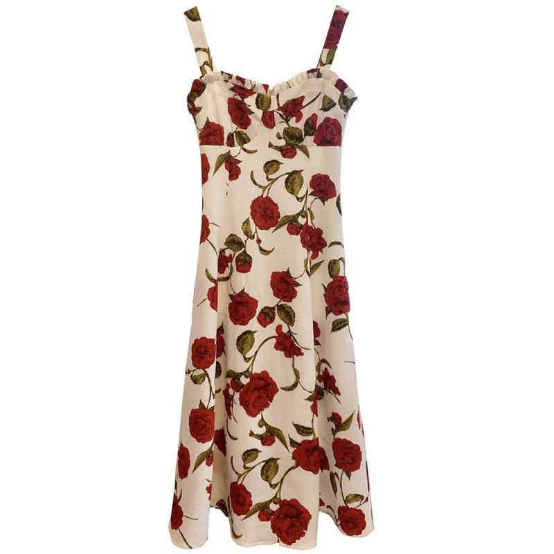 Rose Print Over-the-Knee Camisole Dress, Summer 2025: Slimming Yùjiě Style Waist-Cinching Skirt