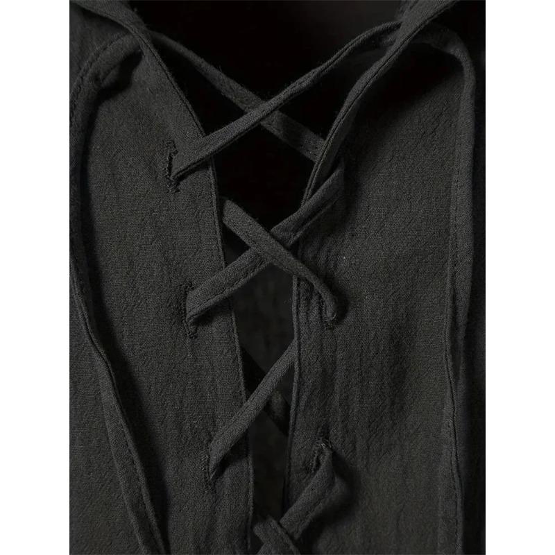 Men's Retro Shirt Short Sleeve Linen Lightweight Breathable Solid Color Fashion Pirate V Neck Stylish Shirs
