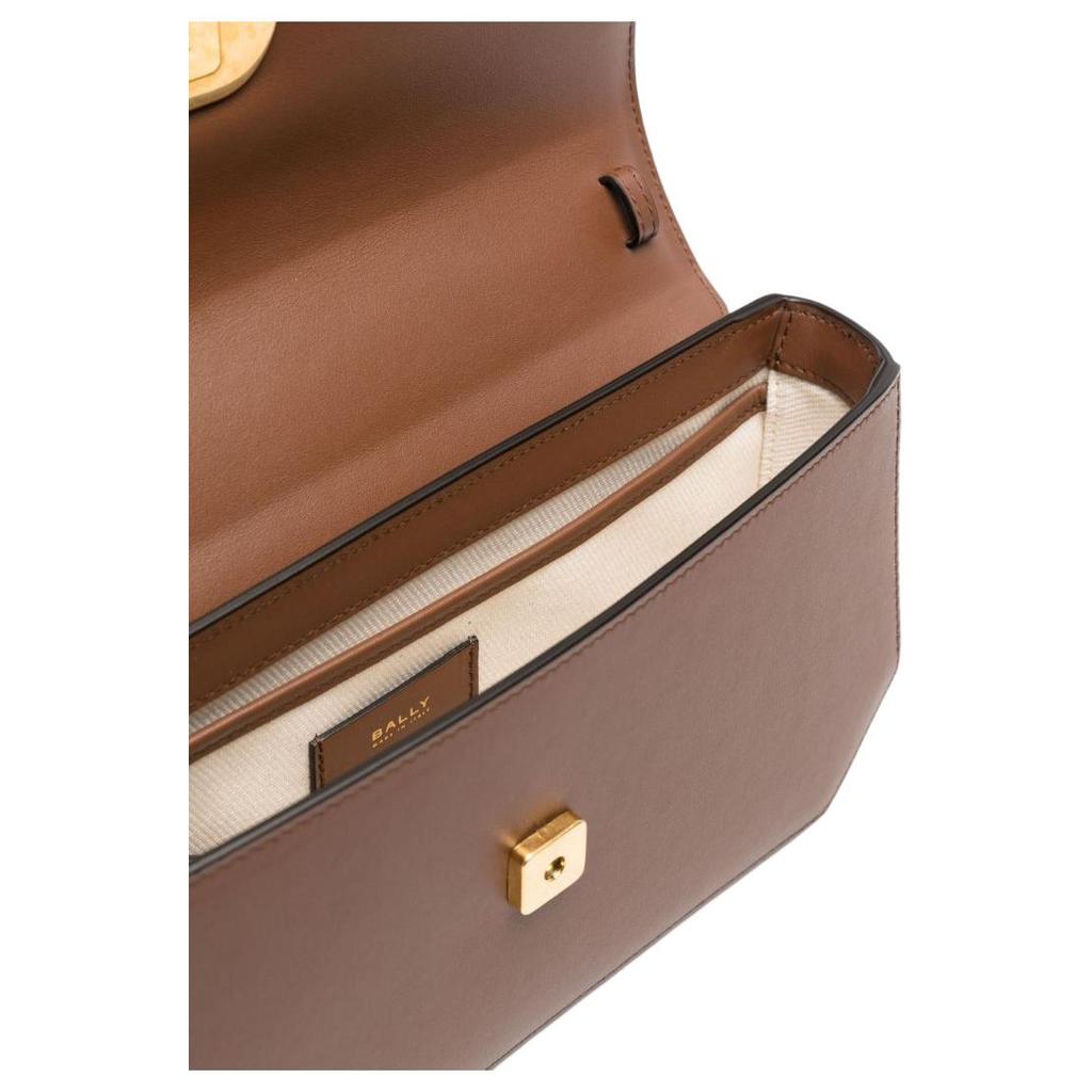 Bally Emblem Adjustable Shoulder Strap Magnetic Closure Calfskin Shoulder Bag Women Shoulder Bag Brown Gold 6307153