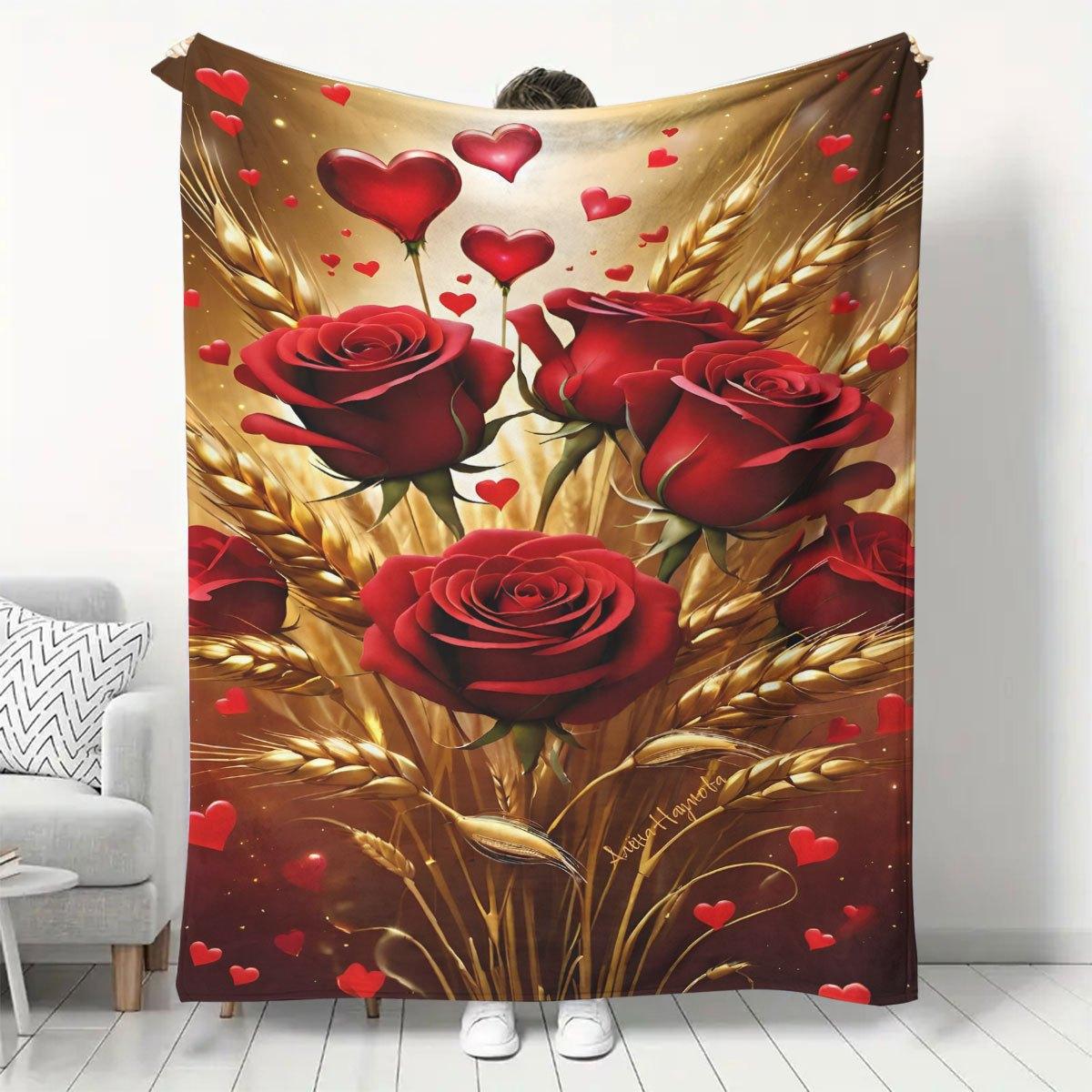 

Romantic Rose Blanket - Soft Cozy Throw with Red Roses and Hearts, Perfect for Valentine s Day Decor, Unique Gift for Couples 75x90cm
