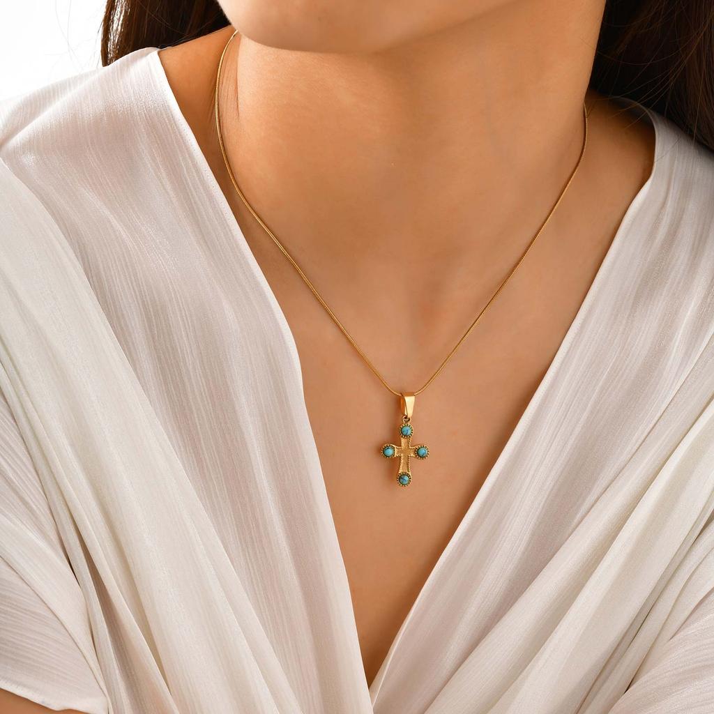 Colorful Natural Stone Cross Pendant Necklace,Gold Color Stainless Steel Snake Chain Necklaces,Charm Jewelry Gift