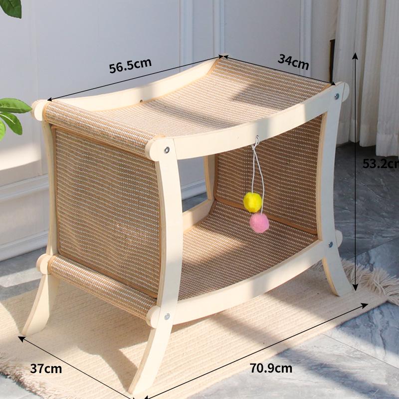 Two-Story Cat Bed with Rattan Mat, Sisal Scratching Post & Solid Wood Frame