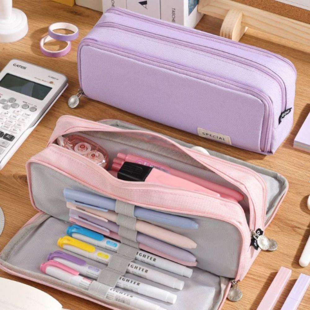Oxford Cloth Solid Color Pencil Pouch Large Capacity Stationery Organizer Student Use