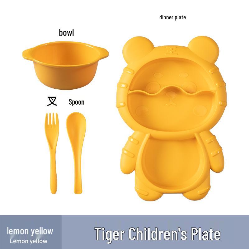 Cute Cartoon Kids' Divided Plate & Feeding Set: 4-Piece Infant Bowl, Spoon & Fork