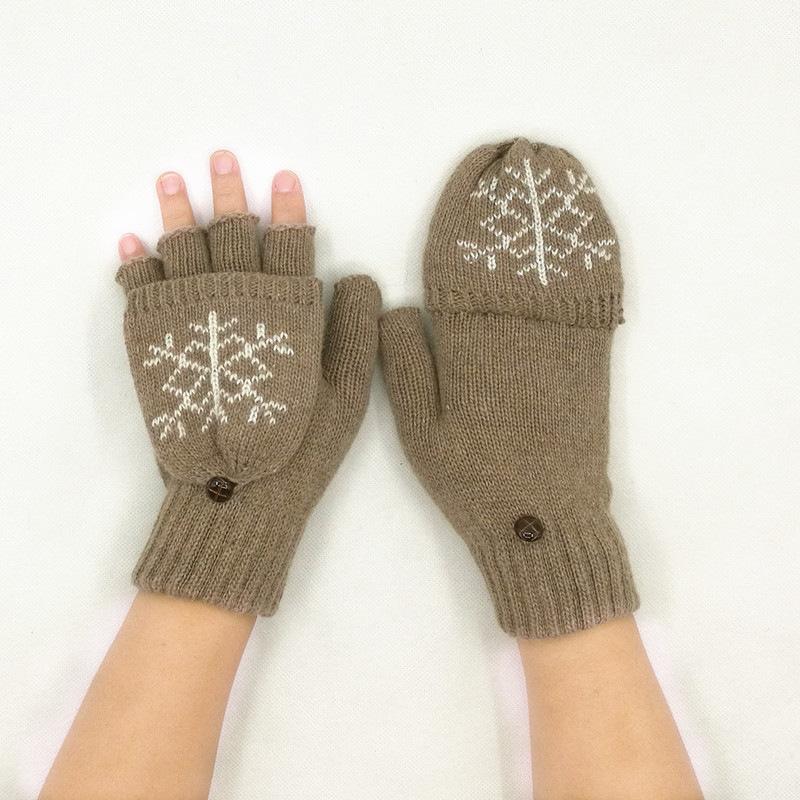 Gloves Men'S And Women'S Snowflake Flip Dual-Purpose Knitted Gloves Warm Jacquard Half-Finger Gloves